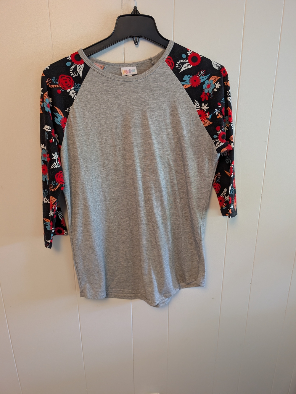 LuLaRoe Gray Raglan Top with Black Floral Sleeves